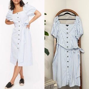 J.Crew 3X Cottage White Blue Seascape Stripe Puff Sleeves Shirt Dress
